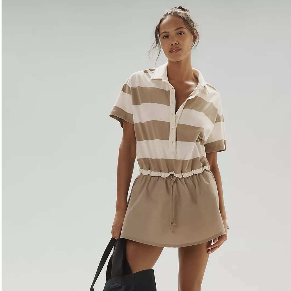 Daily Practice Anthropologie Ember Rugby Polo Skort Romper Large Tan Striped